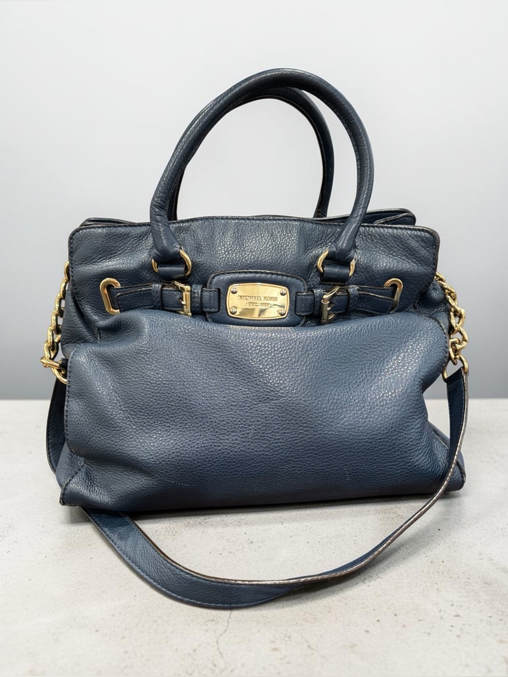 MICHAEL KORS Large Hamilton Tote Purse Leather Navy Double Handles Convertible